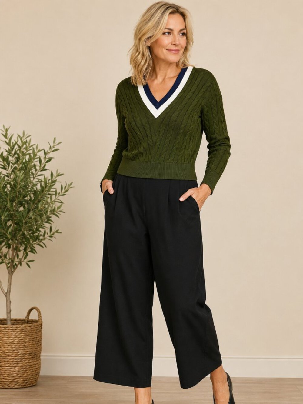 Talbots NWT Petite Medium Olive Cable Knit V-Neck Sweater Pearl Cuffs